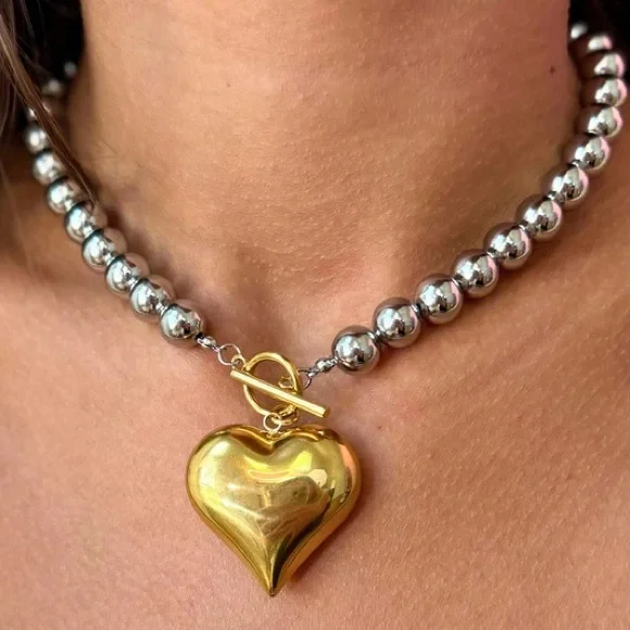 Two-Tone Heart Pendant Necklace | 18k Gold Plated & Stainless Steel | 40 cm - Picture 4 of 7